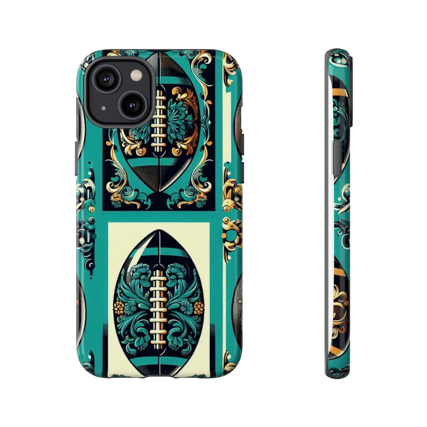 Elegant Floral Motif Phone Case - Tough Cases with Vintage Design -  Damask Teal, Gold & Black Footballs