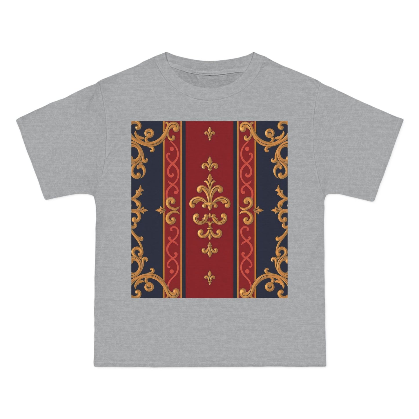 Elegant Patterned Short-Sleeve T-Shirt, Stylish Tee, Vintage Design Top, Casual Wear, Fashionable Gift - Midnight Blue & Dusk Red Gold Baroque