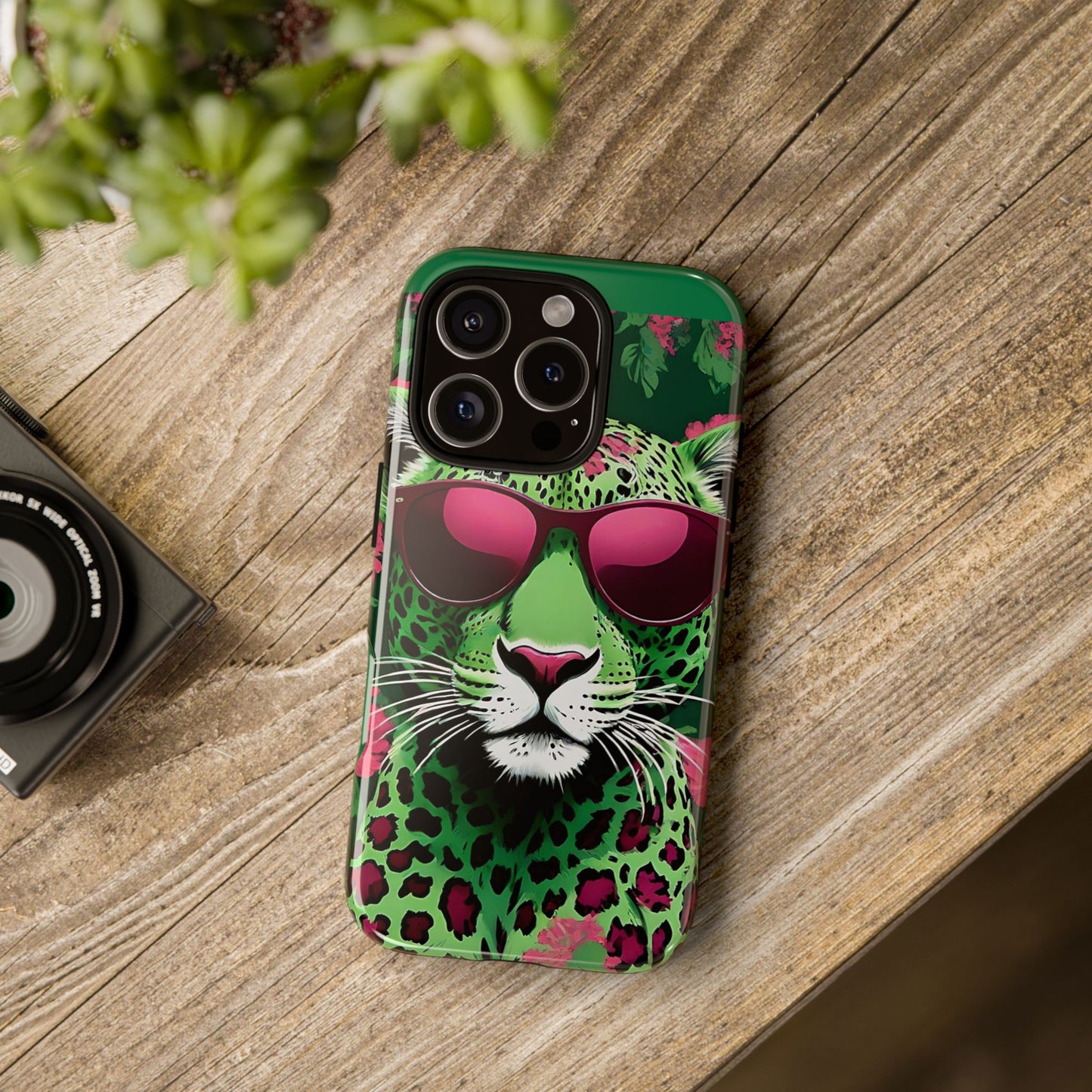 Phone Case - Lime Green & Burgundy Leopard In Sunglasses Design
