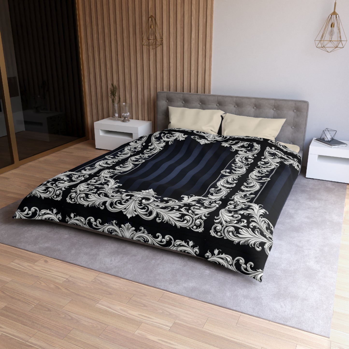Navy Stripes & Baroque Microfiber Duvet Cover