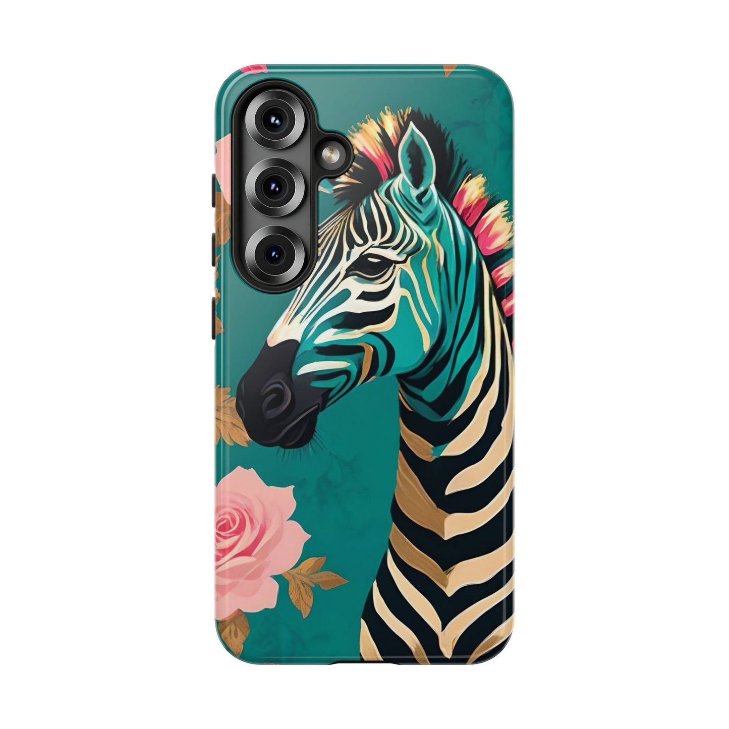 Phone Case - Elegant Teal & Gold Zebra & Roses Design