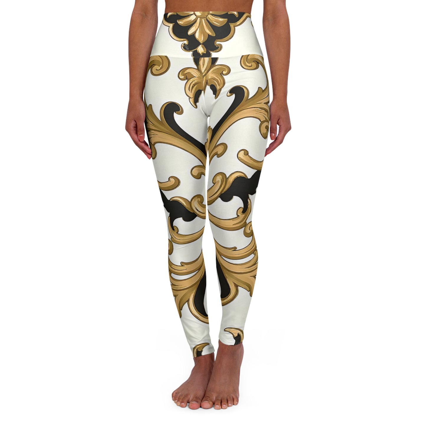 Elegant High Waisted Yoga Leggings, Stylish Workout Leggings, Fashionable Activewear, Comfortable Fitness Leggings - Black & Gold Rococo