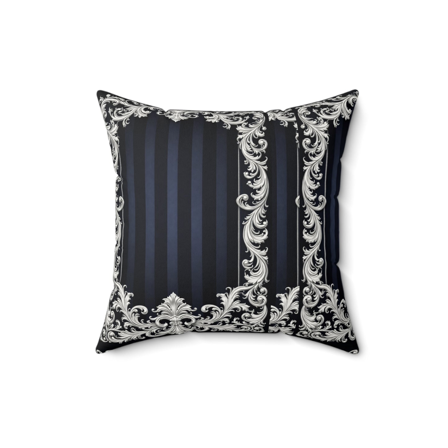 Navy Stripes & Baroque Suede Pillow — Decorative Square Throw Pillow with Ornate Silver Frame