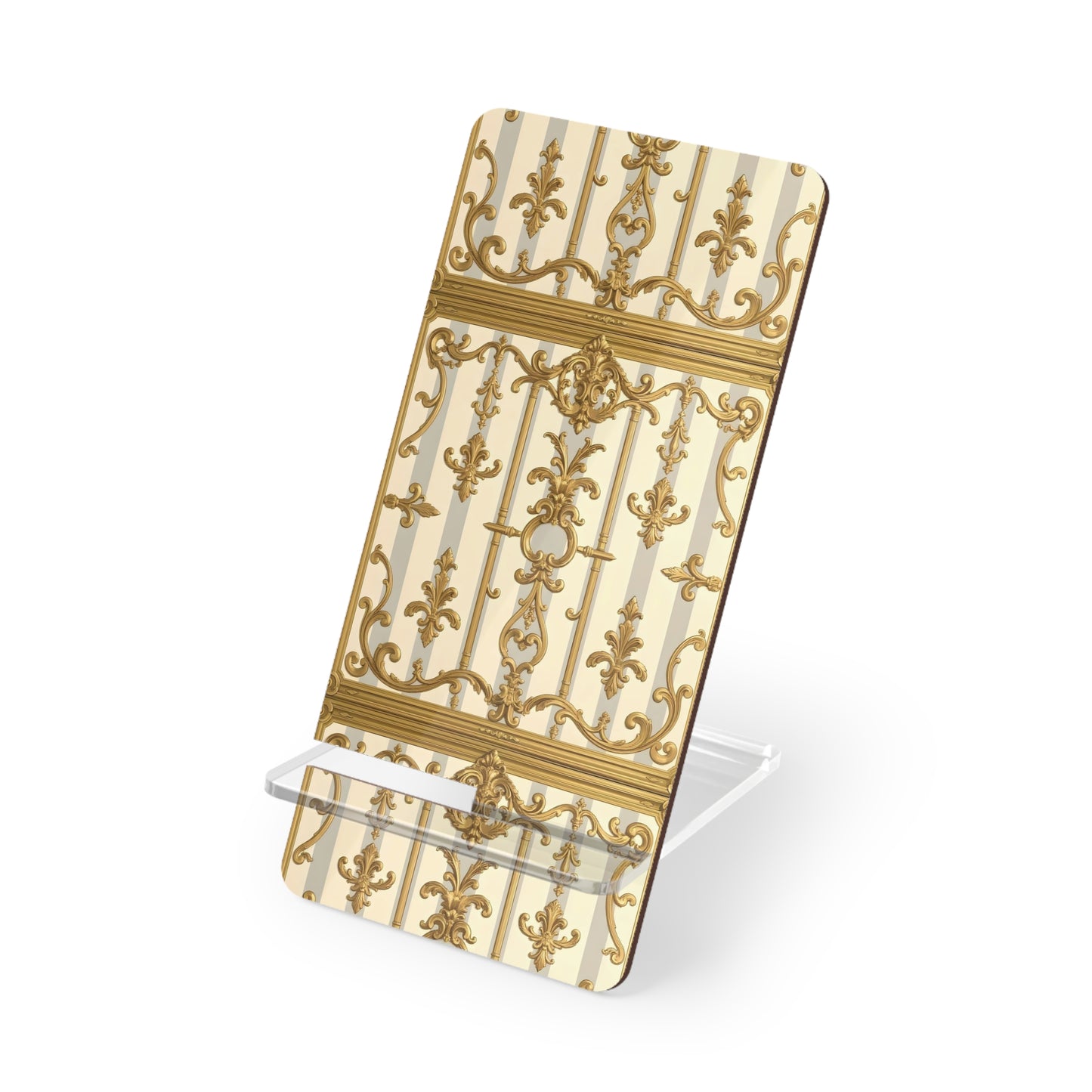 Elegant Smartphone Display Stand, Decorative Phone Holder, Stylish Desk Organizer - Matte Gray & Cream Striped Gold Baroque