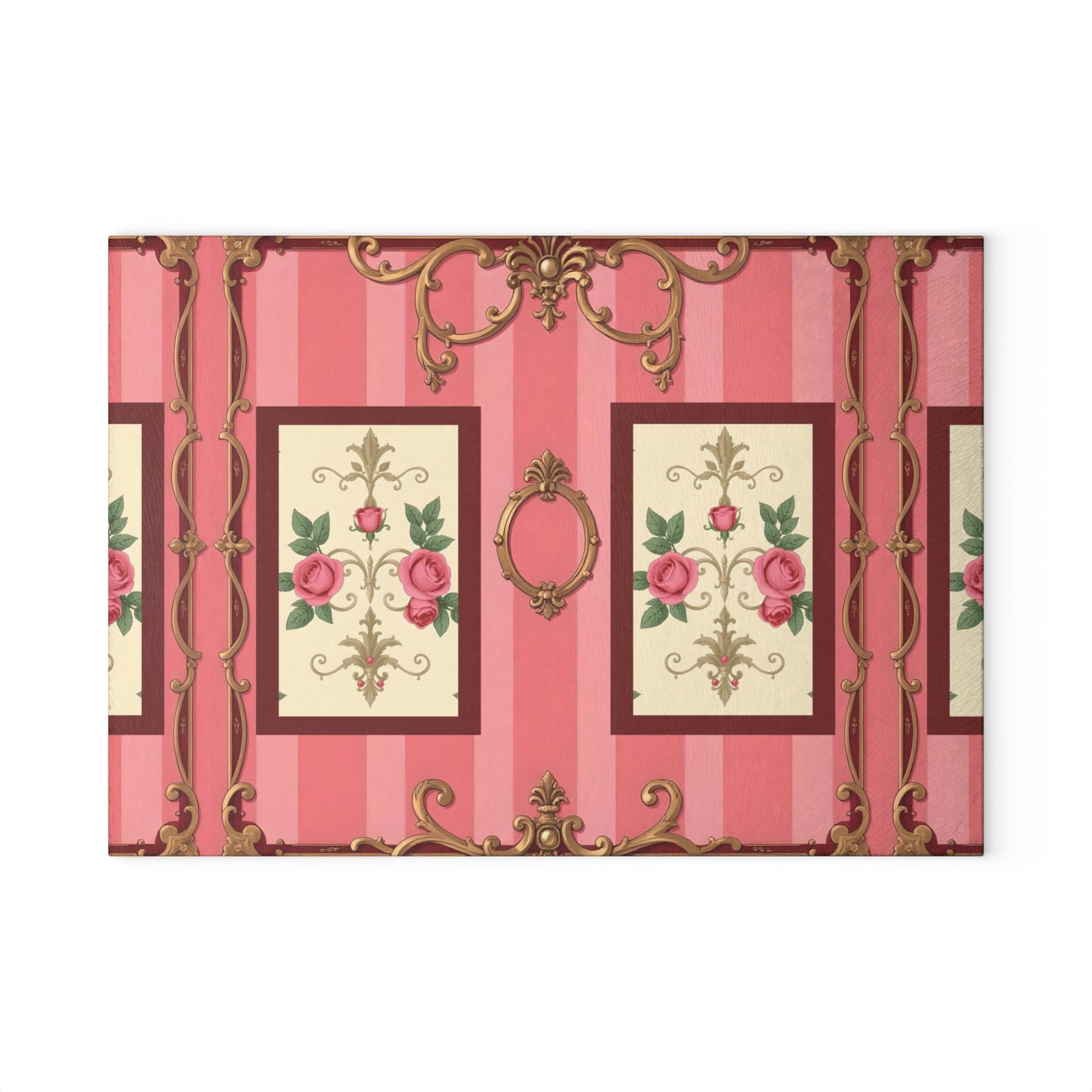 Elegant Floral Glass Cutting Board - Vintage Pink Design for Home Cooking - Pink Striped Baroque & Roses