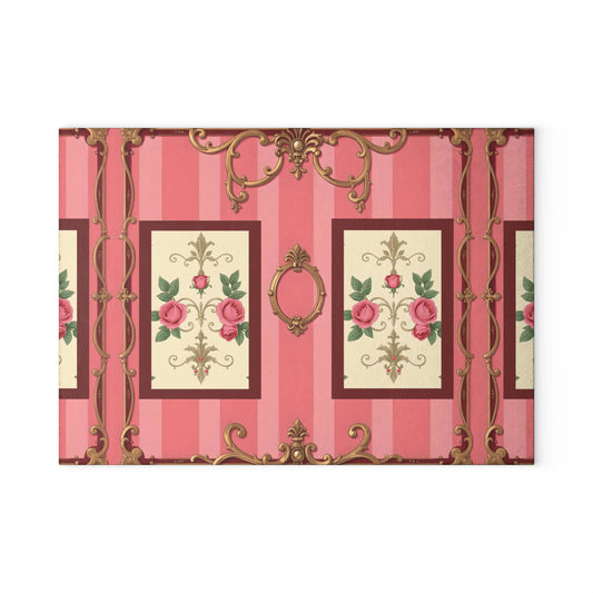 Elegant Floral Glass Cutting Board - Vintage Pink Design for Home Cooking - Pink Striped Baroque & Roses