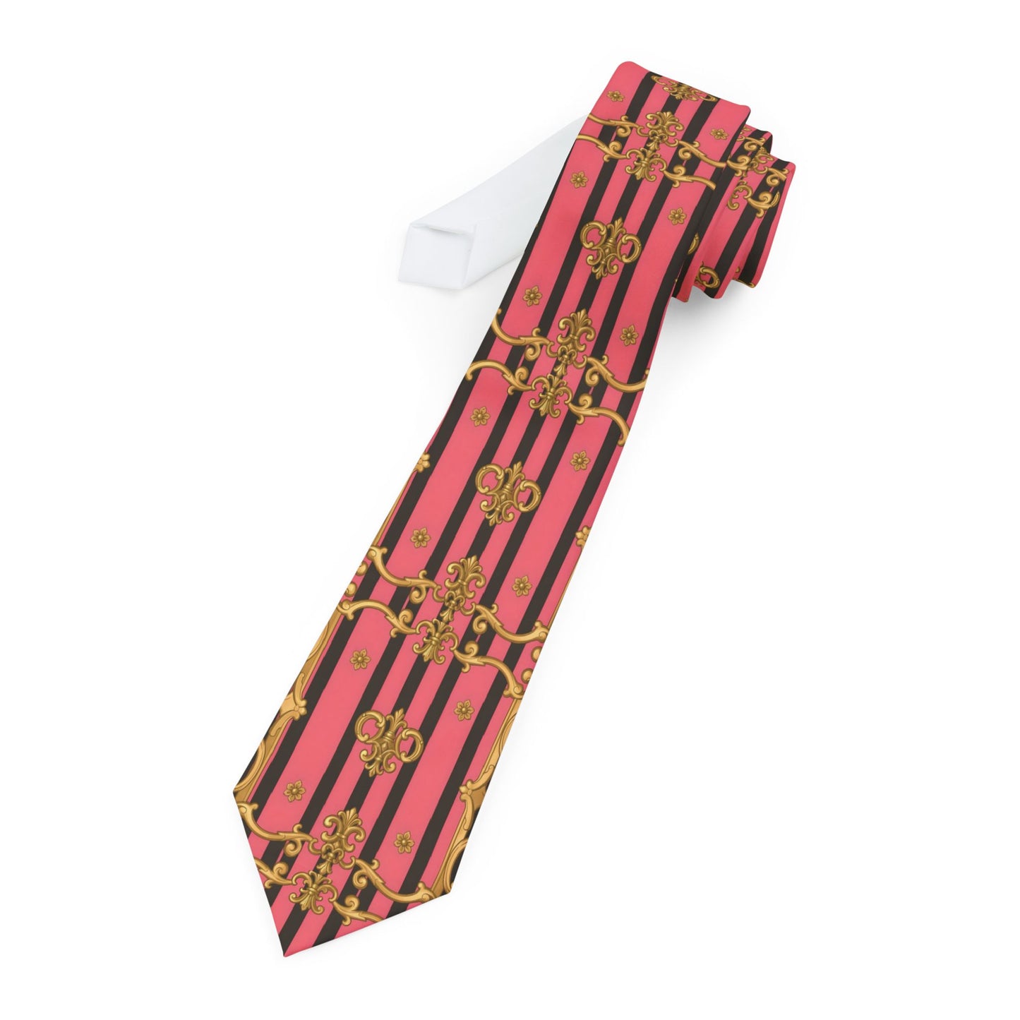 Stylish Necktie for Men, Bold Pattern Tie Gift, Formal Attire Accessory, Unique Neckwear for Weddings - Pink & Black Striped Gold Baroque
