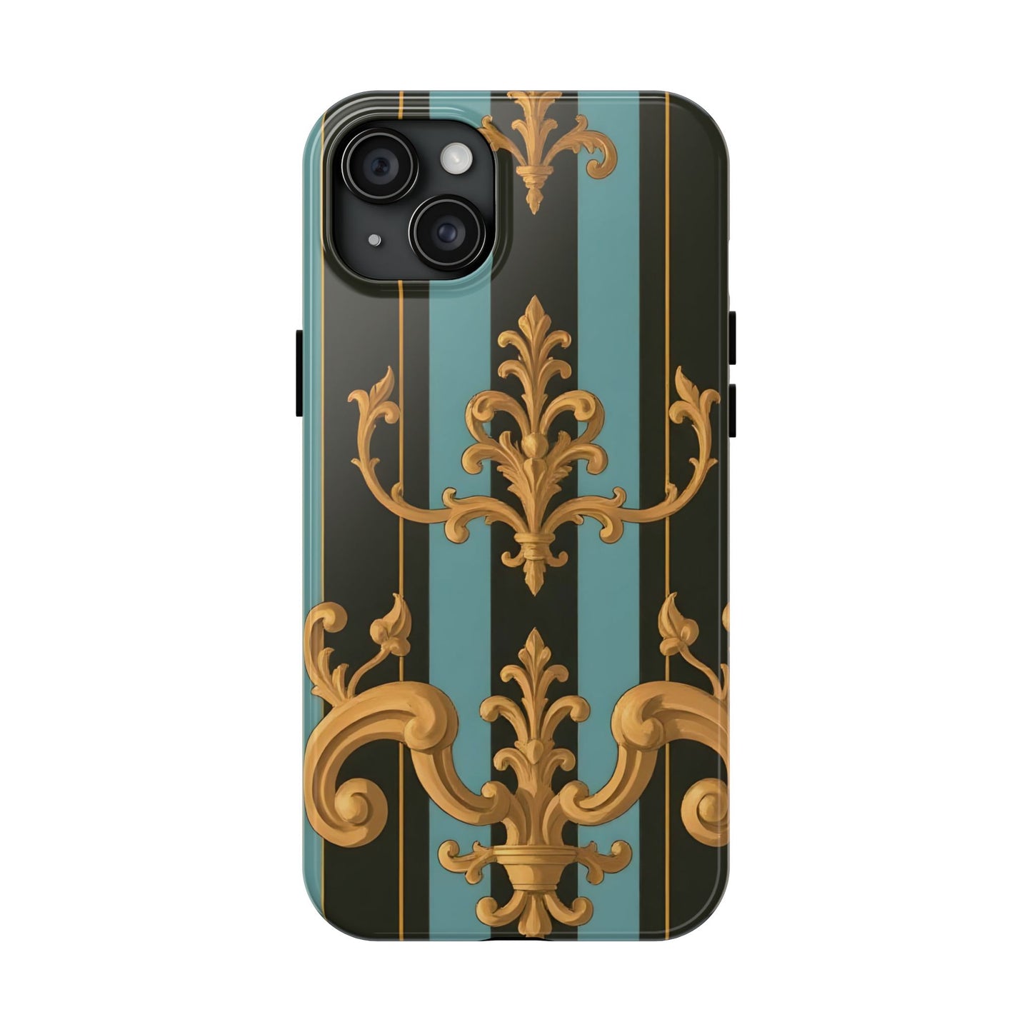 Elegant Baroque Tough Phone Case, Stylish Phone Cover, Durable iPhone Case, Unique Gift - Black & Turquoise Striped Baroque