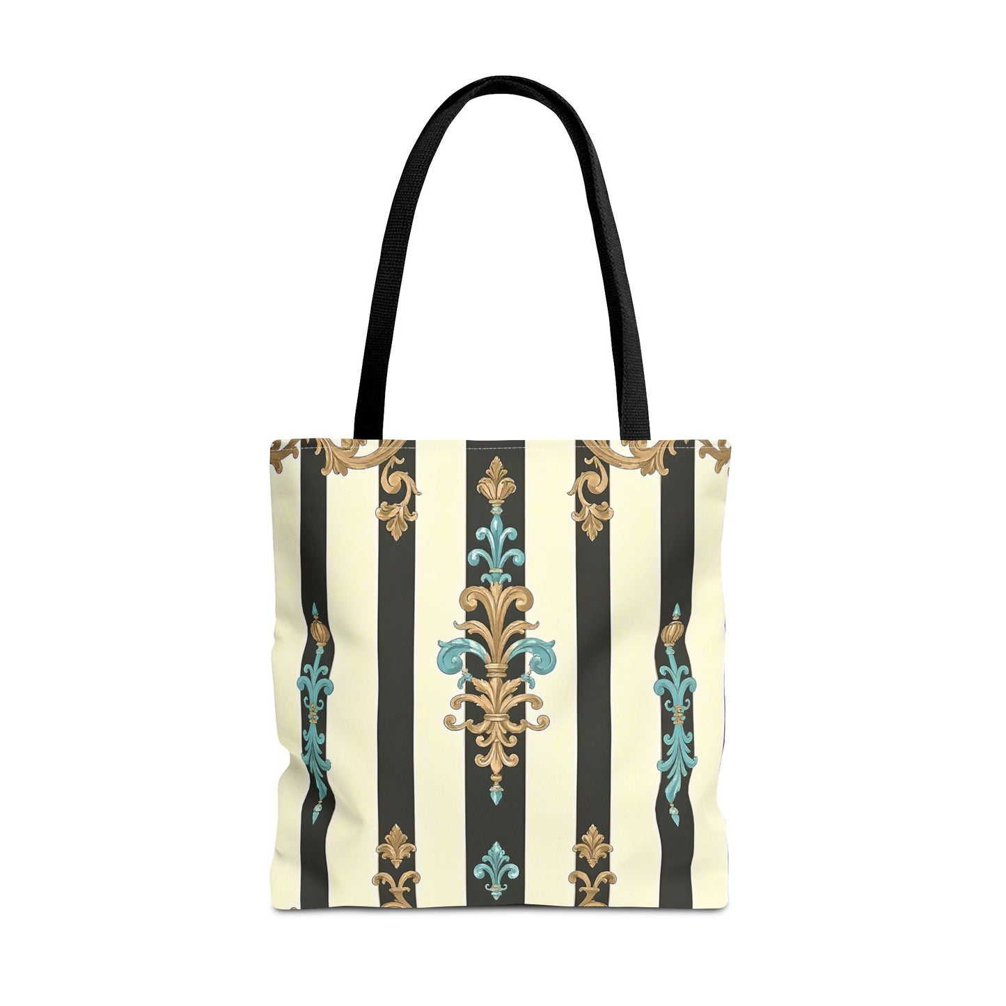 Elegant Stripe Pattern Tote Bag | Fashionable Reusable Shopping Tote, Eco-Friendly Gift Bag - Black Striped Turquoise & Black Rococo