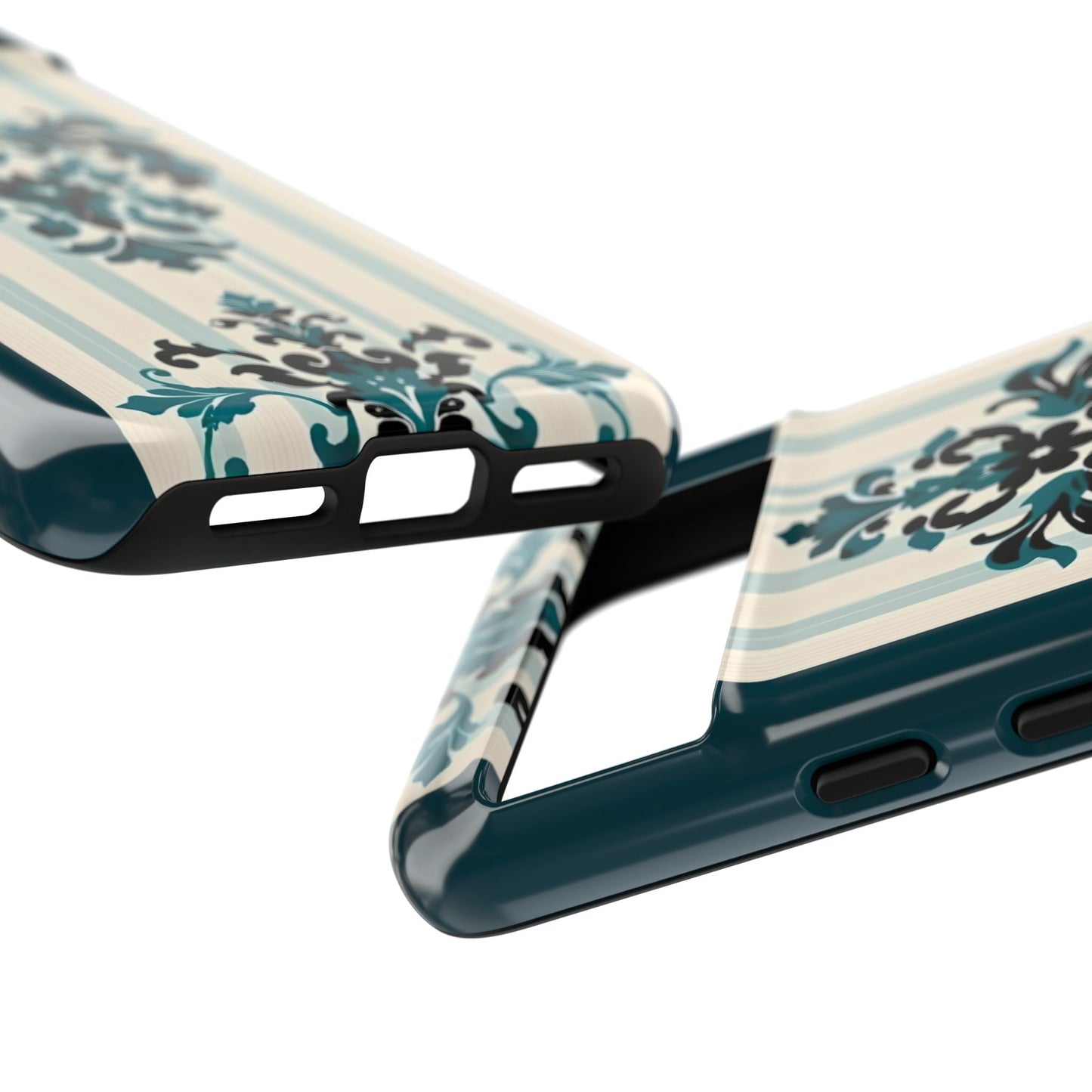 Elegant Floral Phone Case - Tough Cases with Vintage Design - Teal Striped Damask