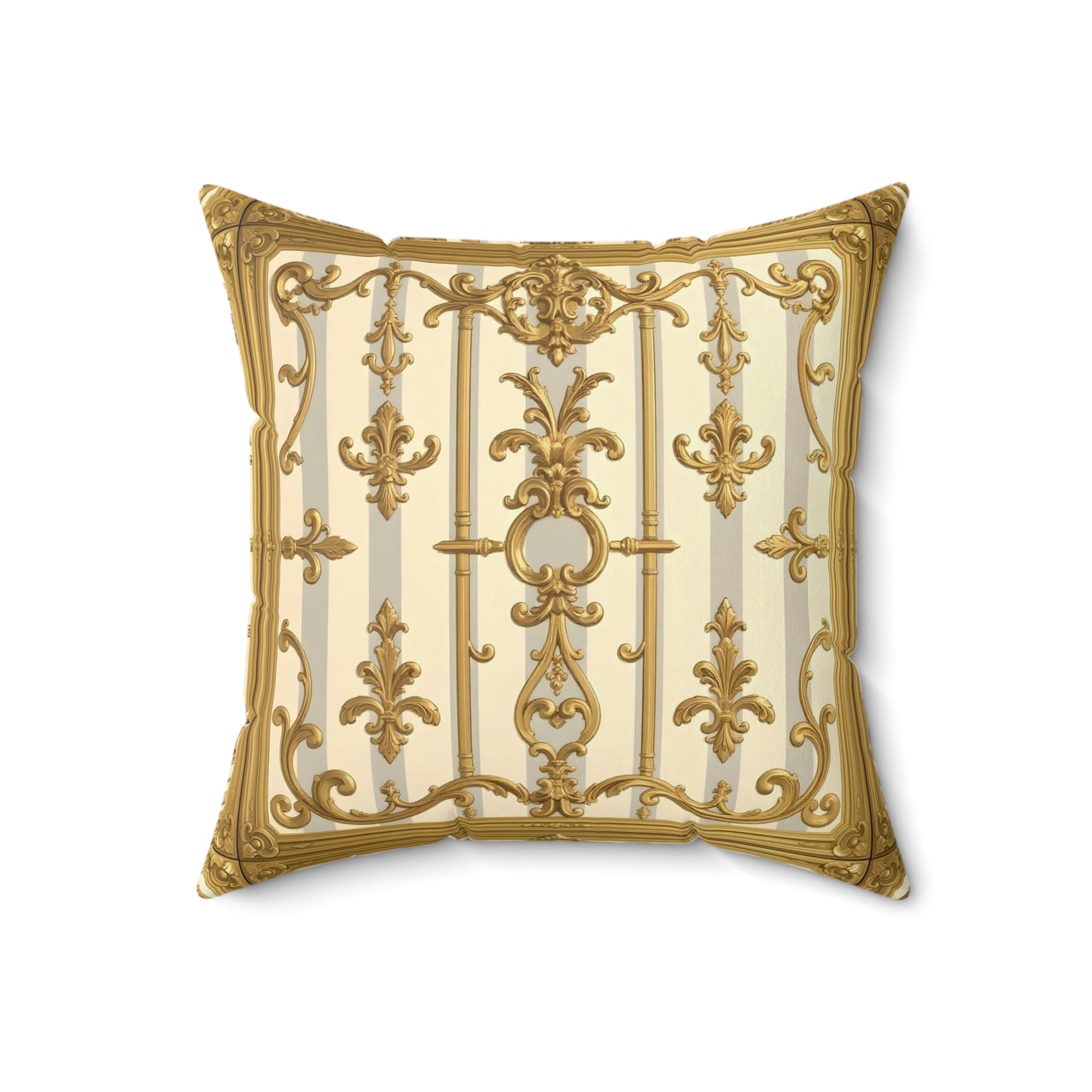Elegant Decorative Pillow - Matte Gray & Cream Striped Gold Baroque