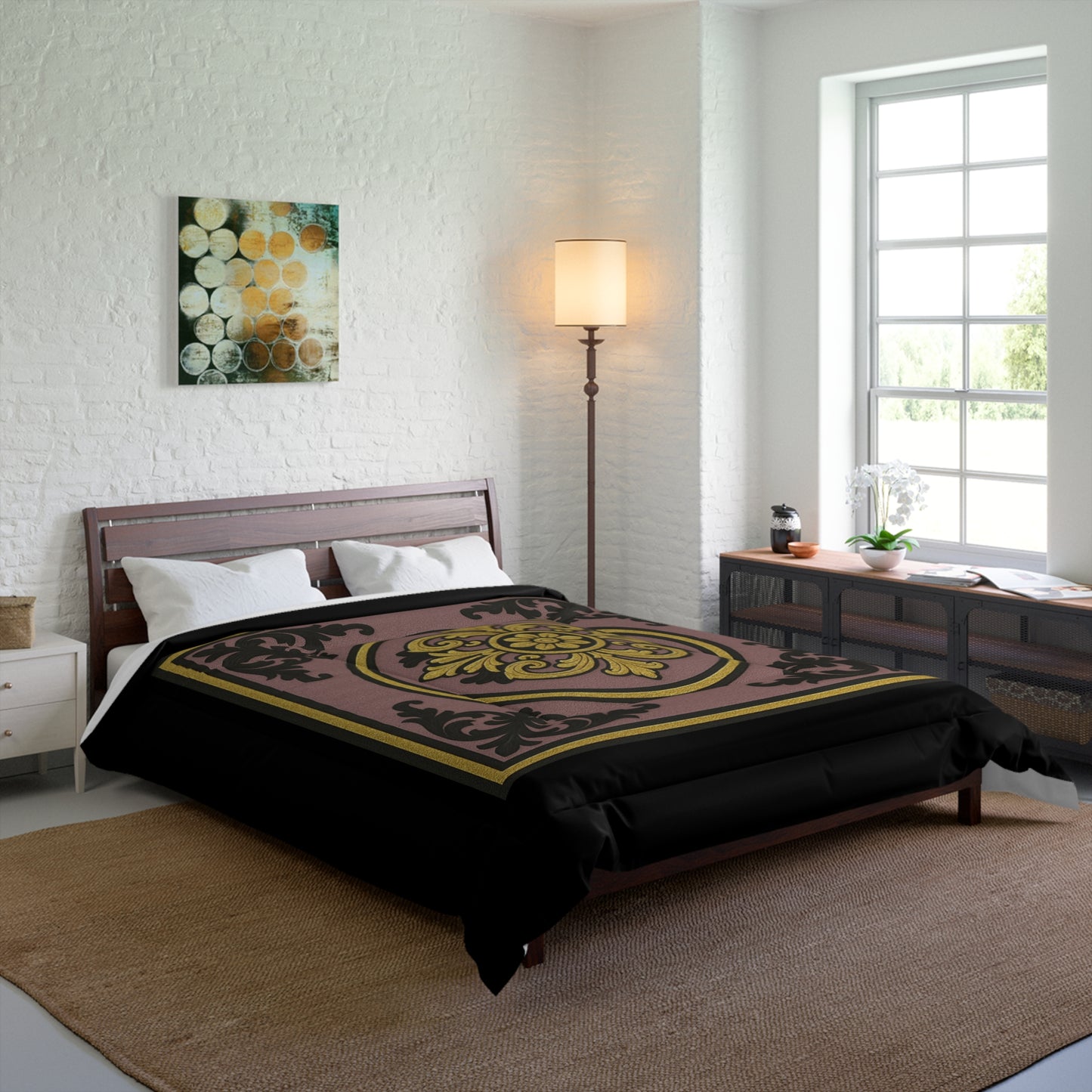 Elegant Gilded Mauve With Gold-Black Baroque Pattern Comforter, Cozy Bedding, Home Decor, Bedroom Makeover, Gift for Her