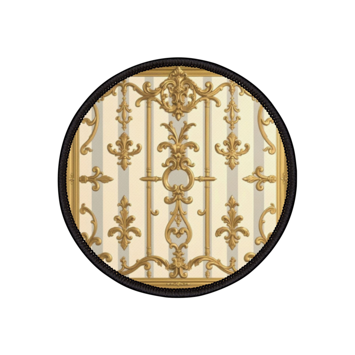 Vintage Chic Iron-On Patches, Customizable Fashion Accessories, Embellishments for Jackets, Bags - Matte Gray & Cream Striped Gold Baroque