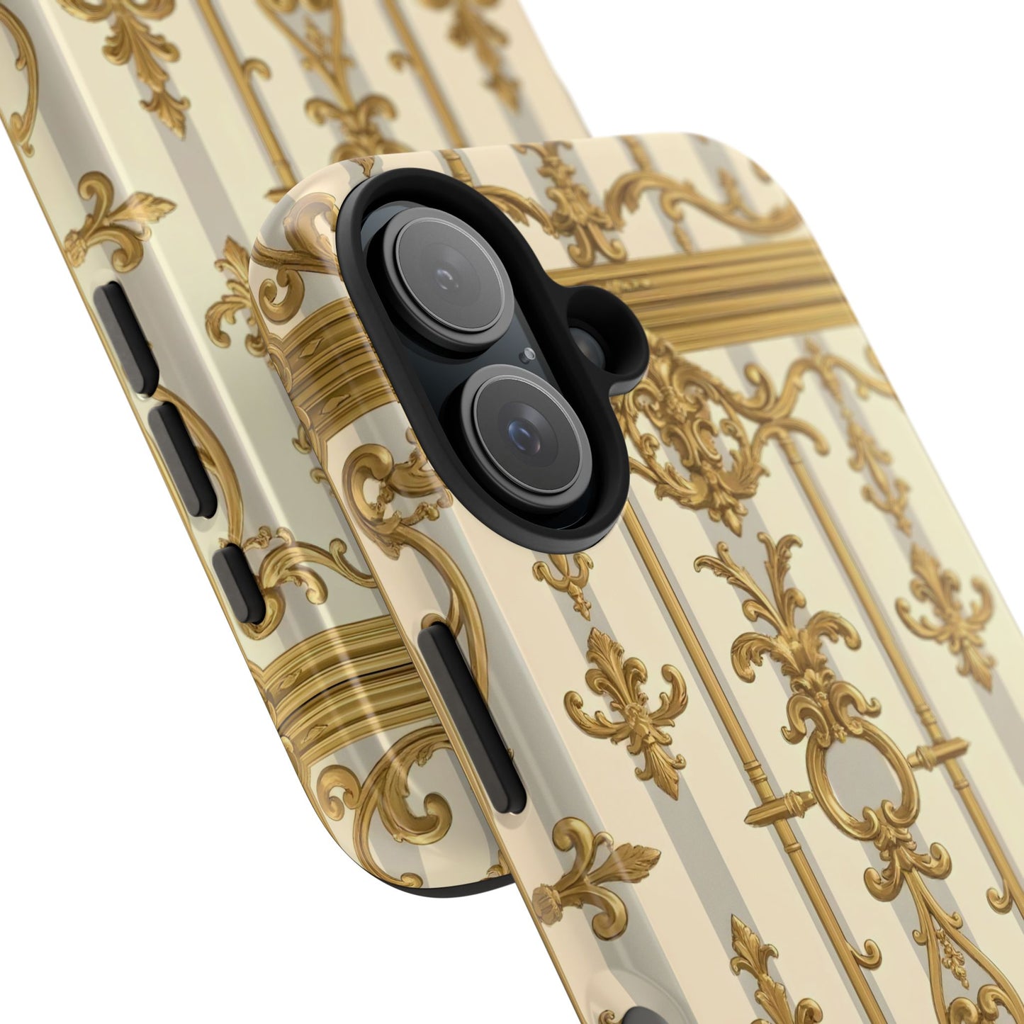 Elegant Gold Pattern Tough Phone Cases | Stylish Phone Covers, Trendy Cell Phone Accessories - Matte Gray & Cream Striped Gold Baroque