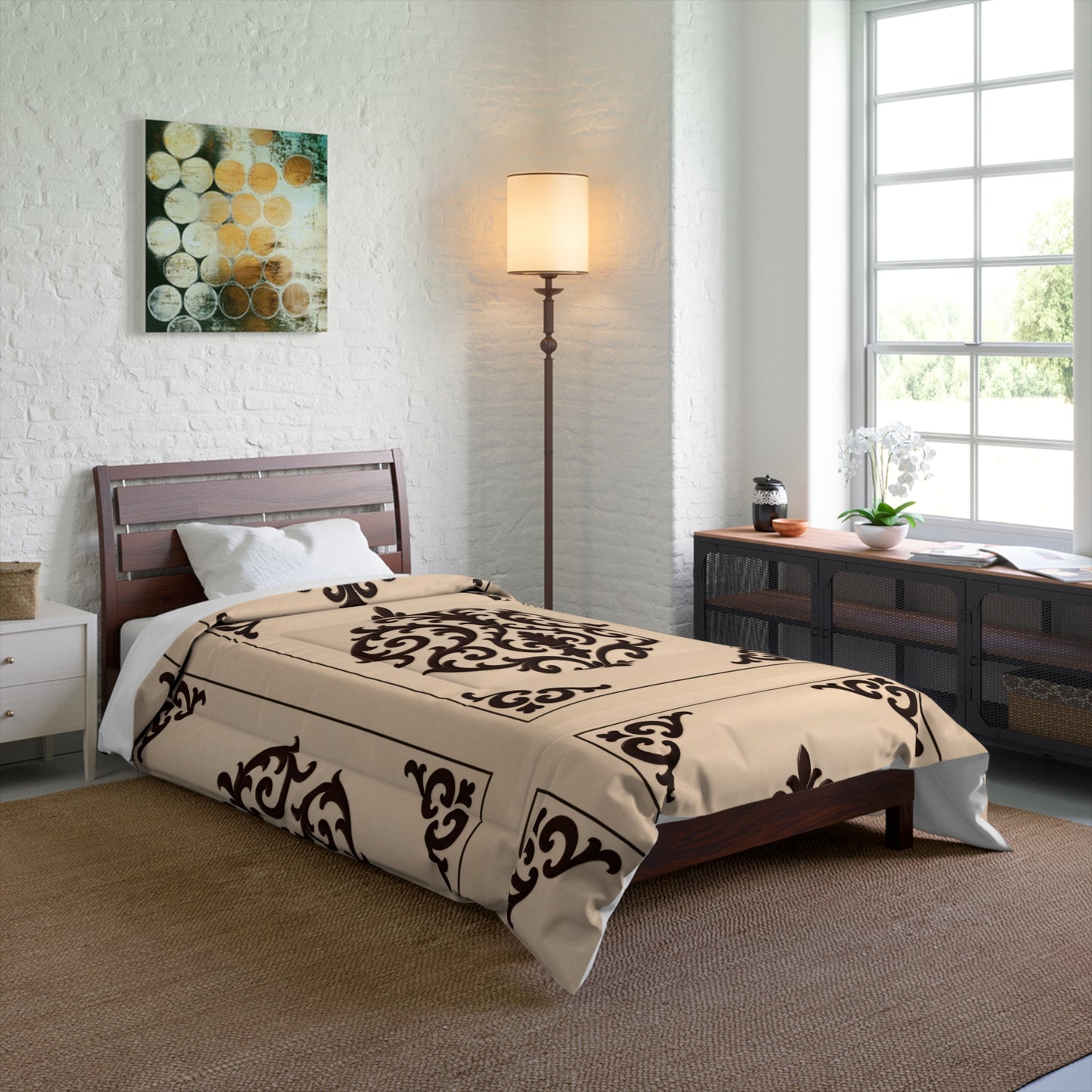 Almond-Beige & Brown Baroque Tile Comforter – Classic Beige & Espresso Decorative Bedding