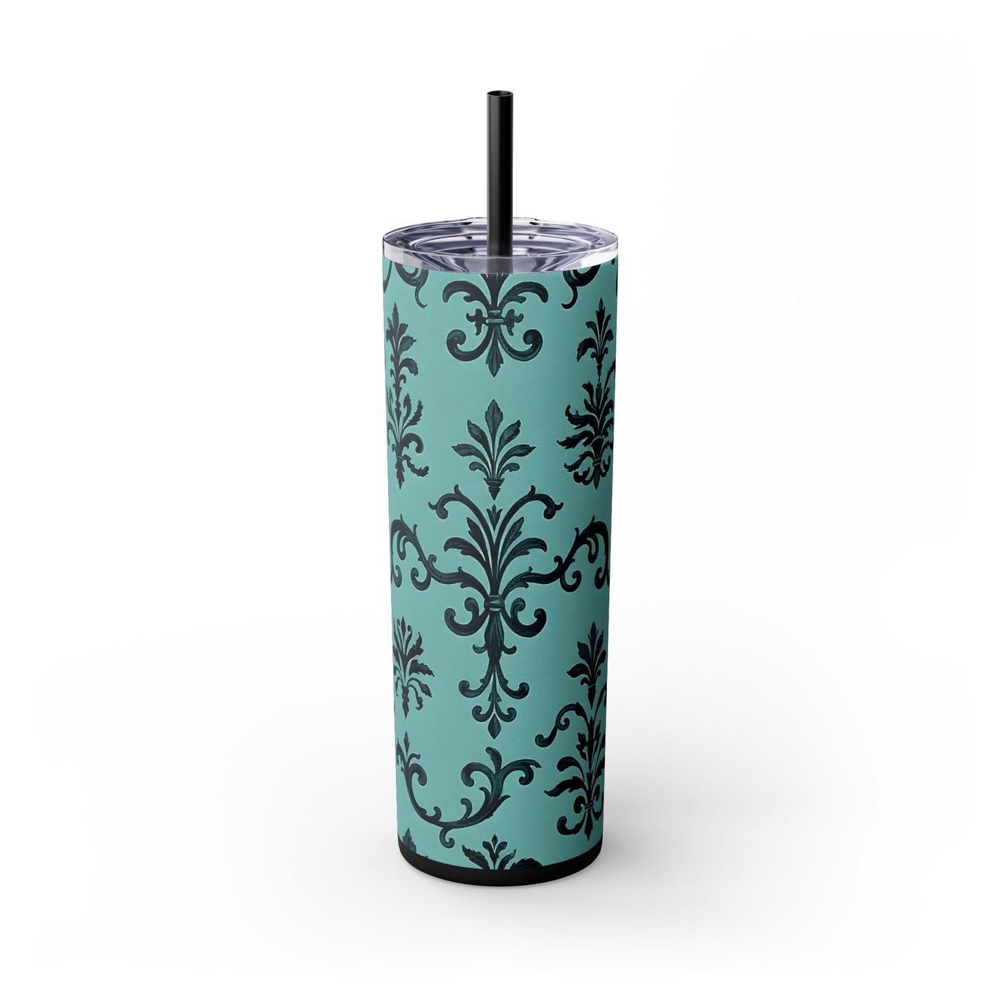 Elegant Floral Skinny Tumbler with Straw, 20oz, Personalized Drinkware, Stylish Travel Mug, Great Gift for Her - Teal Striped Rococo