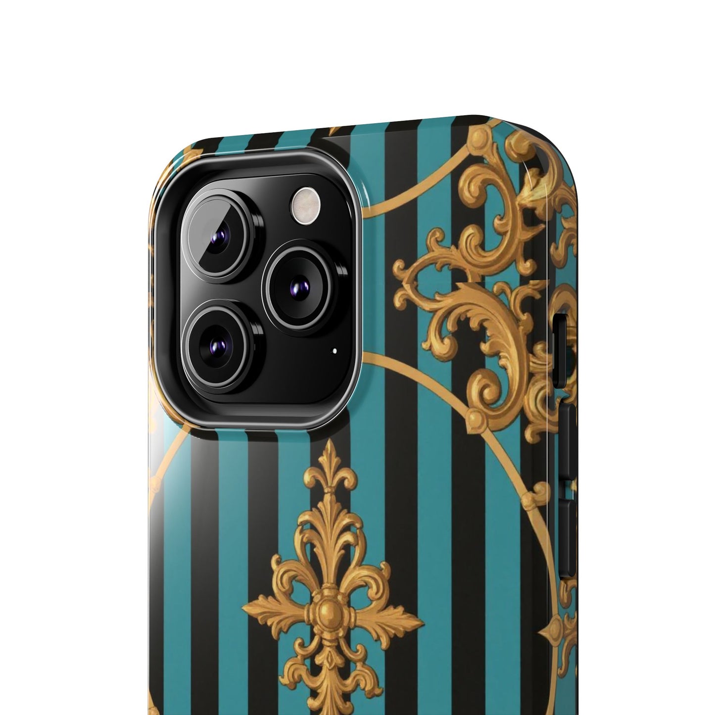 Elegant Turquoise & Black Striped Gold Baroque Phone Case, Tough Phone Cases for Fashion Lovers, Gift for Her, Luxury Accessories
