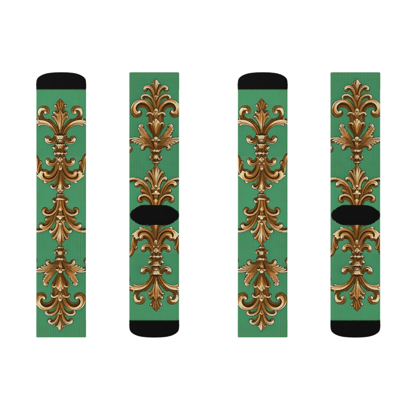 Elegant Gold Floral Pattern Sublimation Socks | Stylish, Comfortable & Perfect for any Occasion - Rust & Green Striped Baroque