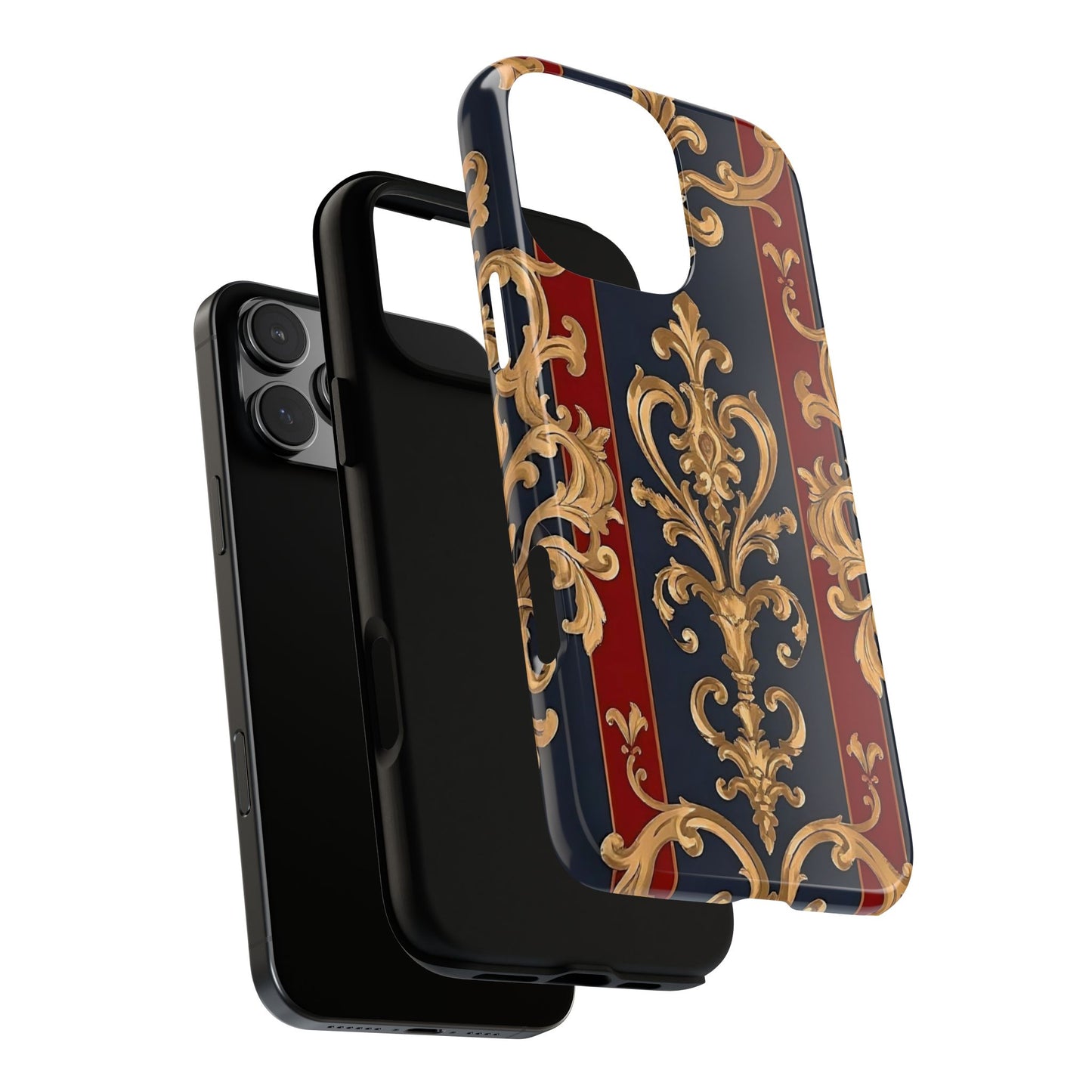 Elegant Floral Motif Phone Case - Tough Cases with Vintage Design - Midnight Blue & Dusk Red Striped Gold Damask