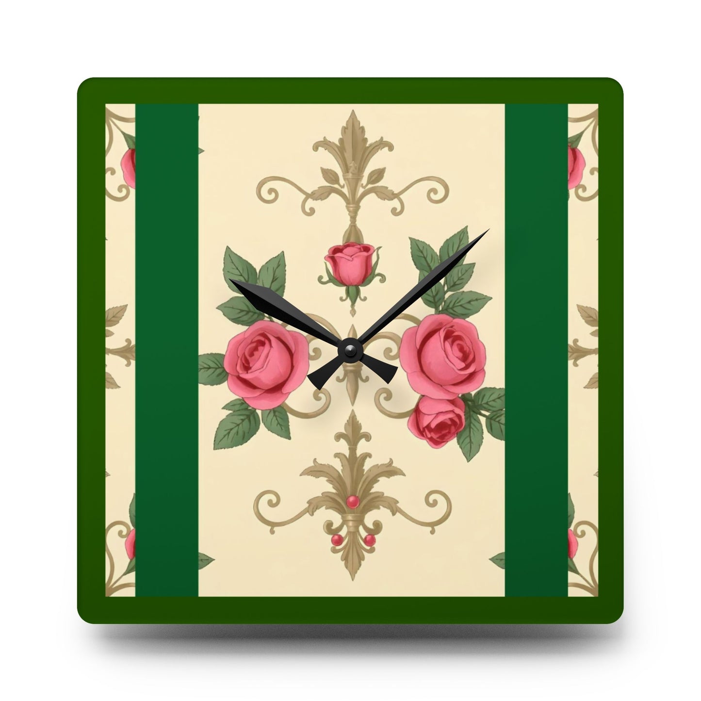 Bohemian Damask-Inspired Acrylic Wall Clock with Floral Design - Green Border Roses & Damask