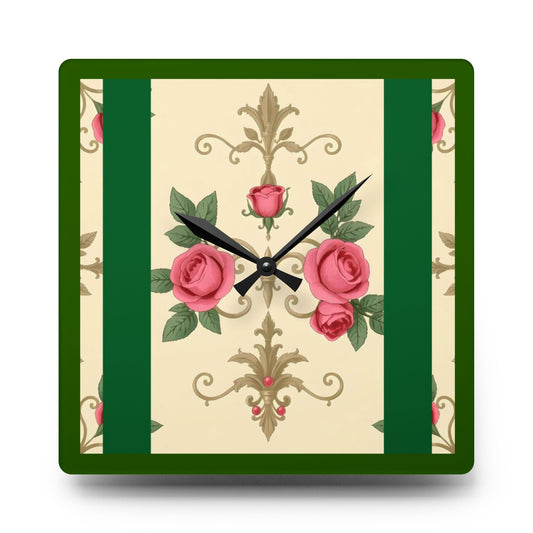 Bohemian Damask-Inspired Acrylic Wall Clock with Floral Design - Green Border Roses & Damask