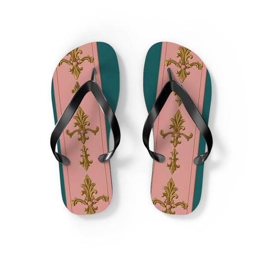 Chic Floral Flip Flops, Summer Sandals, Beach Footwear, Vacation Slides, Stylish Summer Accessories - Pink & Teal Striped Gold Baroque