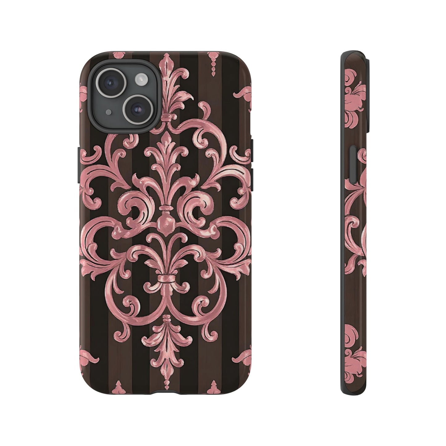 Elegant Floral Motif Phone Case - Tough Cases with Vintage Design - Brown Striped Mauve Damask