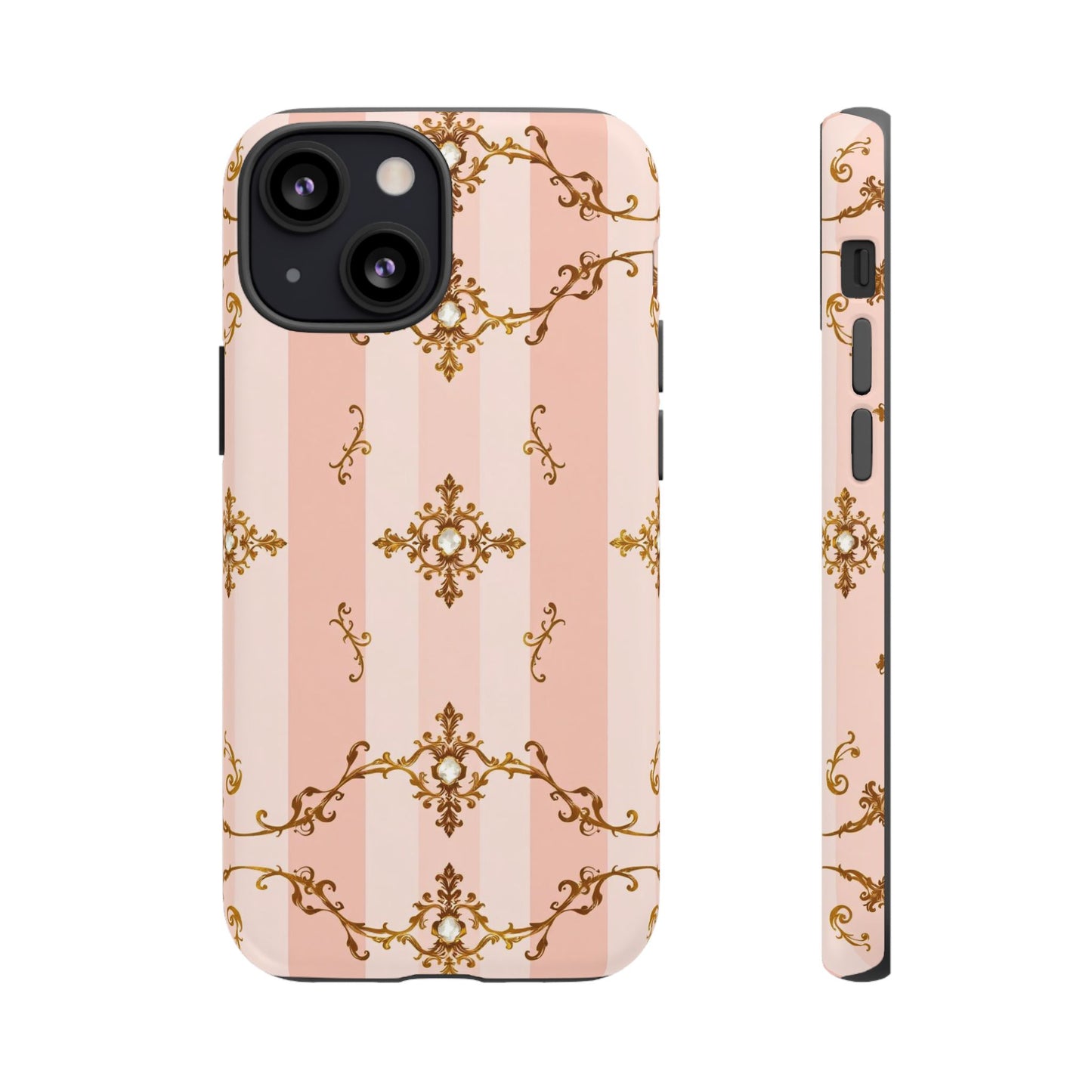 Elegant Floral Phone Case, Tough Cases for Women, Trendy Phone Cover, Chic Gift - Pink Jeweled Striped Gold Baroque