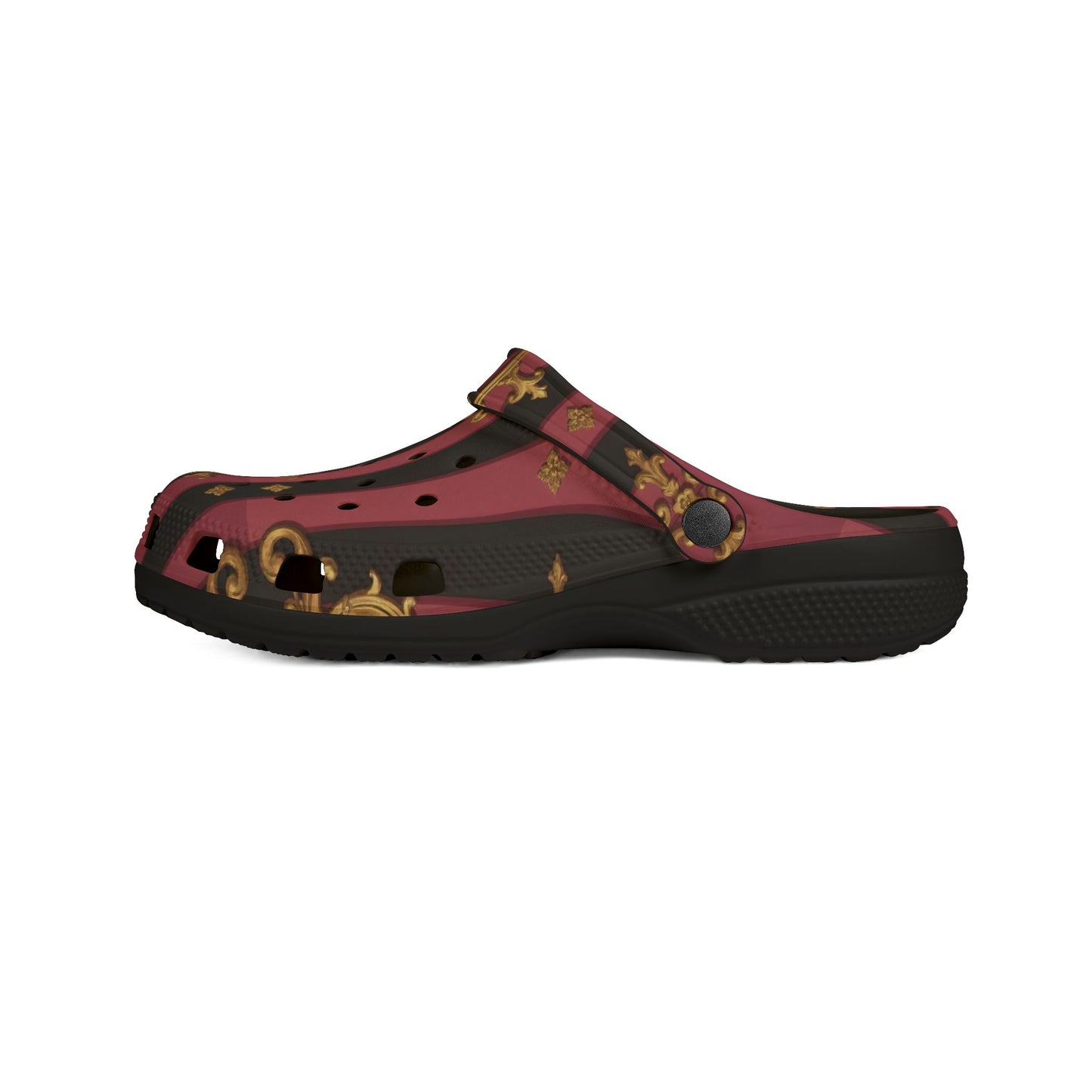 Chic Black & Mauve Striped Gold Baroque EVA Foam Rubber Clogs for Stylish Comfort, Trendy House Shoes, Unique Gift Idea