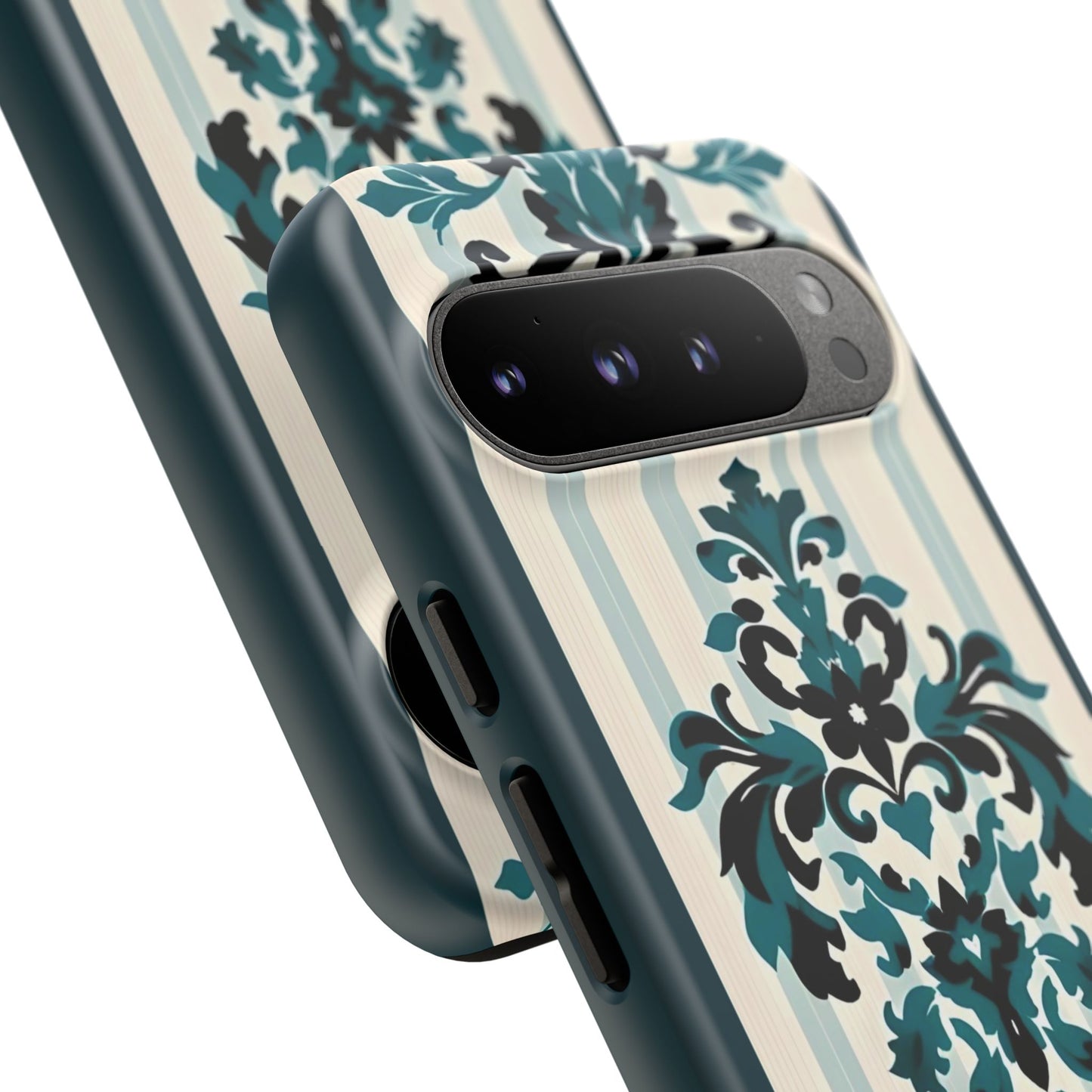 Elegant Floral Phone Case - Tough Cases with Vintage Design - Teal Striped Damask