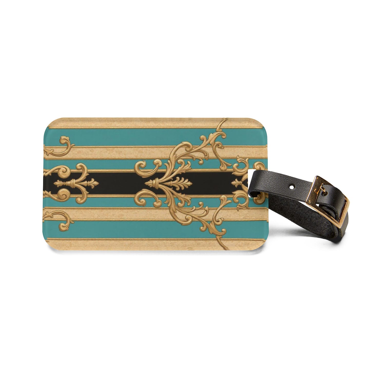 Elegant Black, Tan & Ocean Green Striped Gold Baroque Vintage Luggage Tag, Travel Accessory, Personalized Baggage Identifier, Great for Gifts