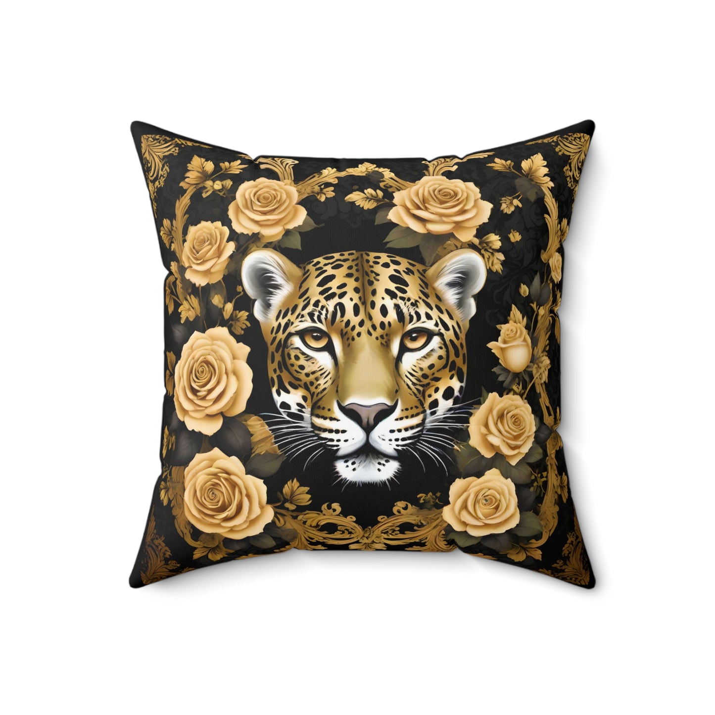 Luxurious Leopard & Roses Decorative Pillow - Gold Leopard