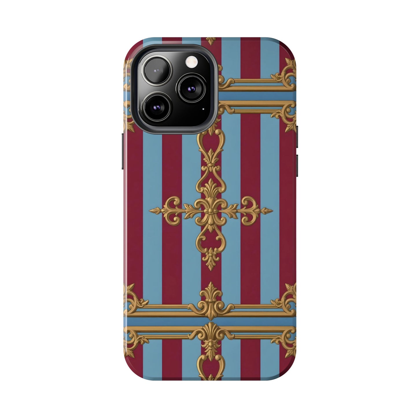 Elegant Patterned Tough Phone Cases, Stylish Phone Cover, Durable Phone Protection, Unique Gift Idea - Sky Blue & Maroon Striped Baroque
