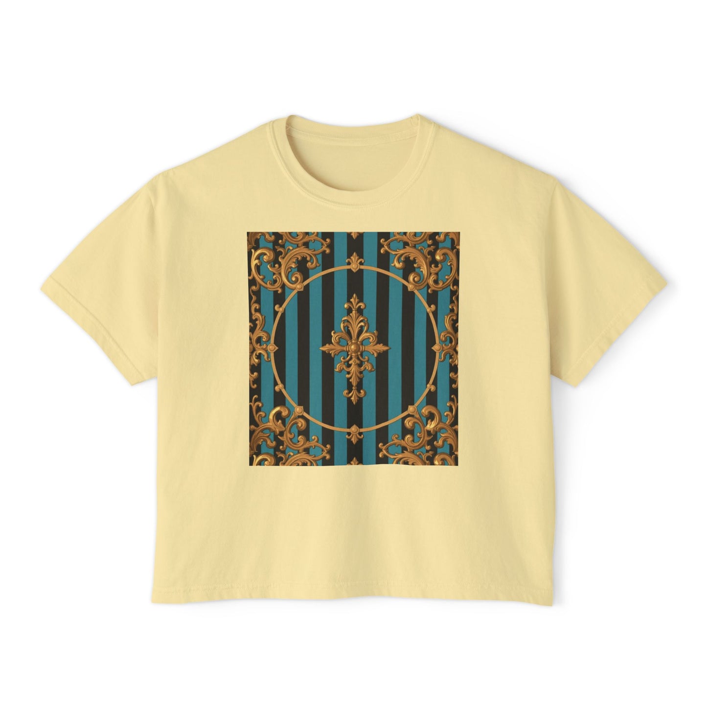 Chic Turquoise & Black Striped Gold Baroque Women's Boxy Tee with Vintage Inspired Design, Perfect for Casual Outings