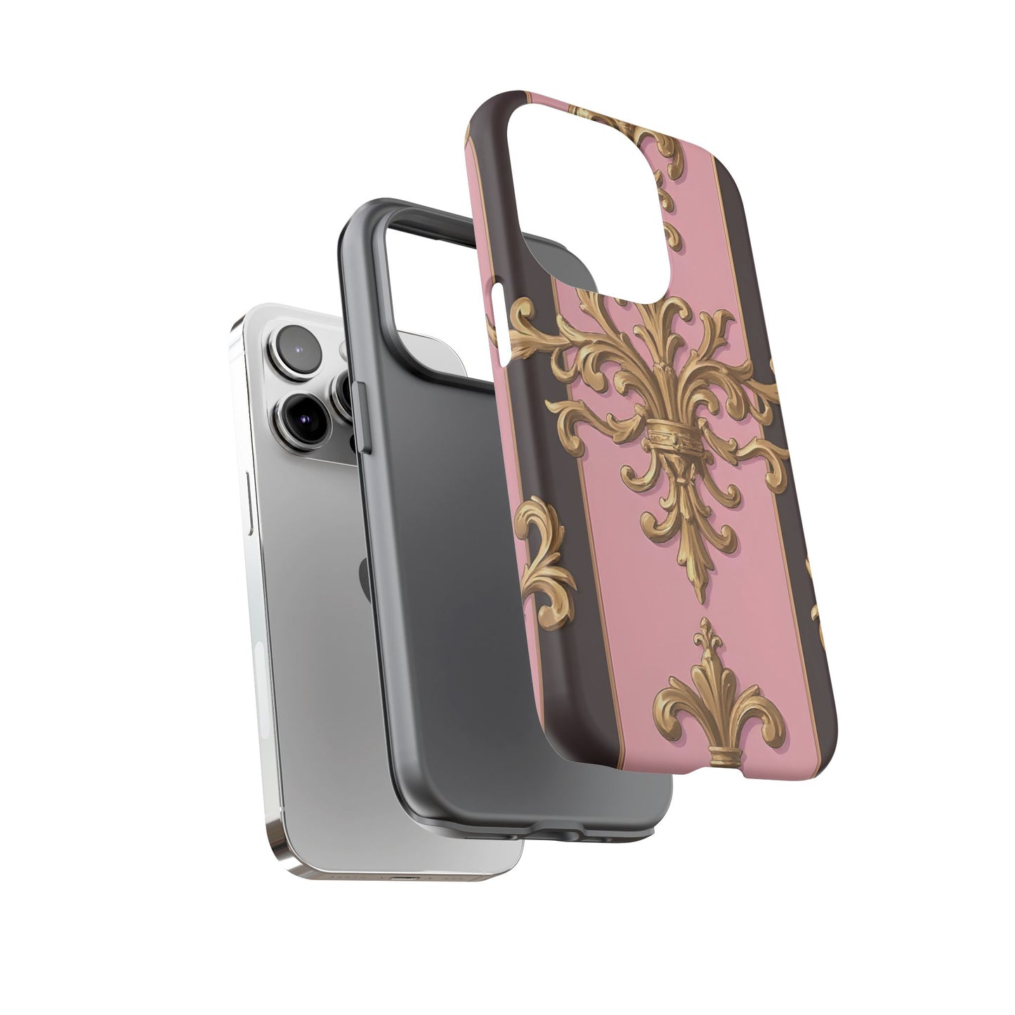 Elegant Floral Motif Phone Case - Tough Cases with Vintage Design - Pink & Brown Striped Gold Damask