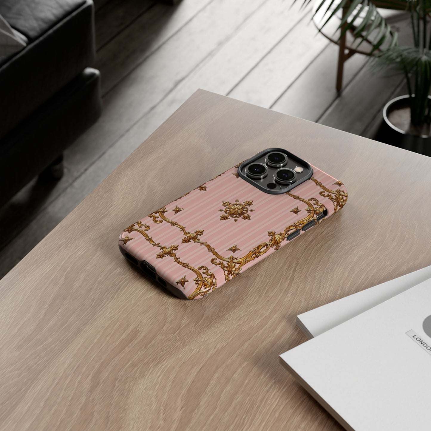Elegant Floral Phone Case, Tough Cases for Women, Trendy Phone Cover, Chic Gift - Pink Striped Gold Baroque