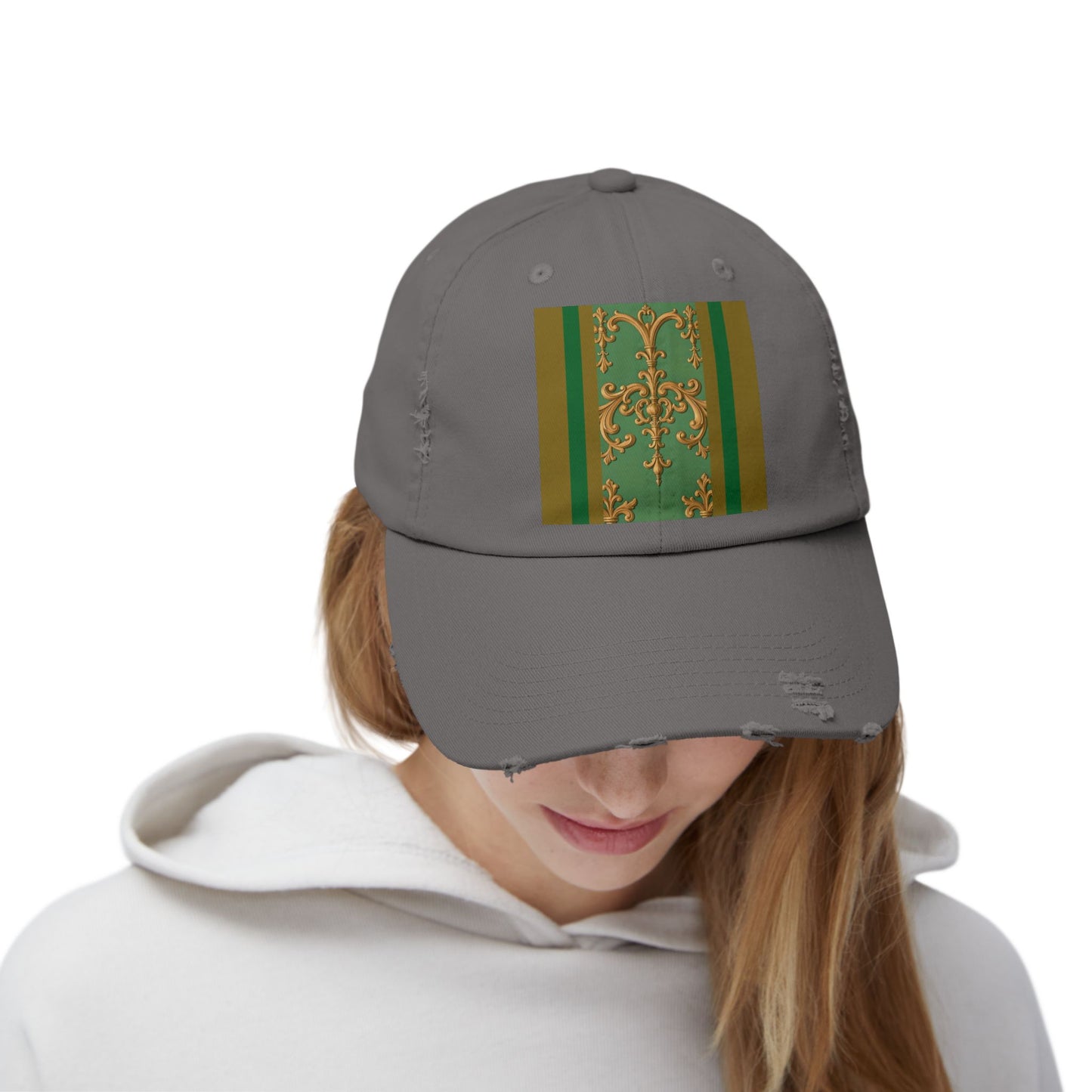 Stylish Unisex Distressed Cap with Unique Floral Design, Trending Accessory for Men and Women - Olive Green Striped Rococo