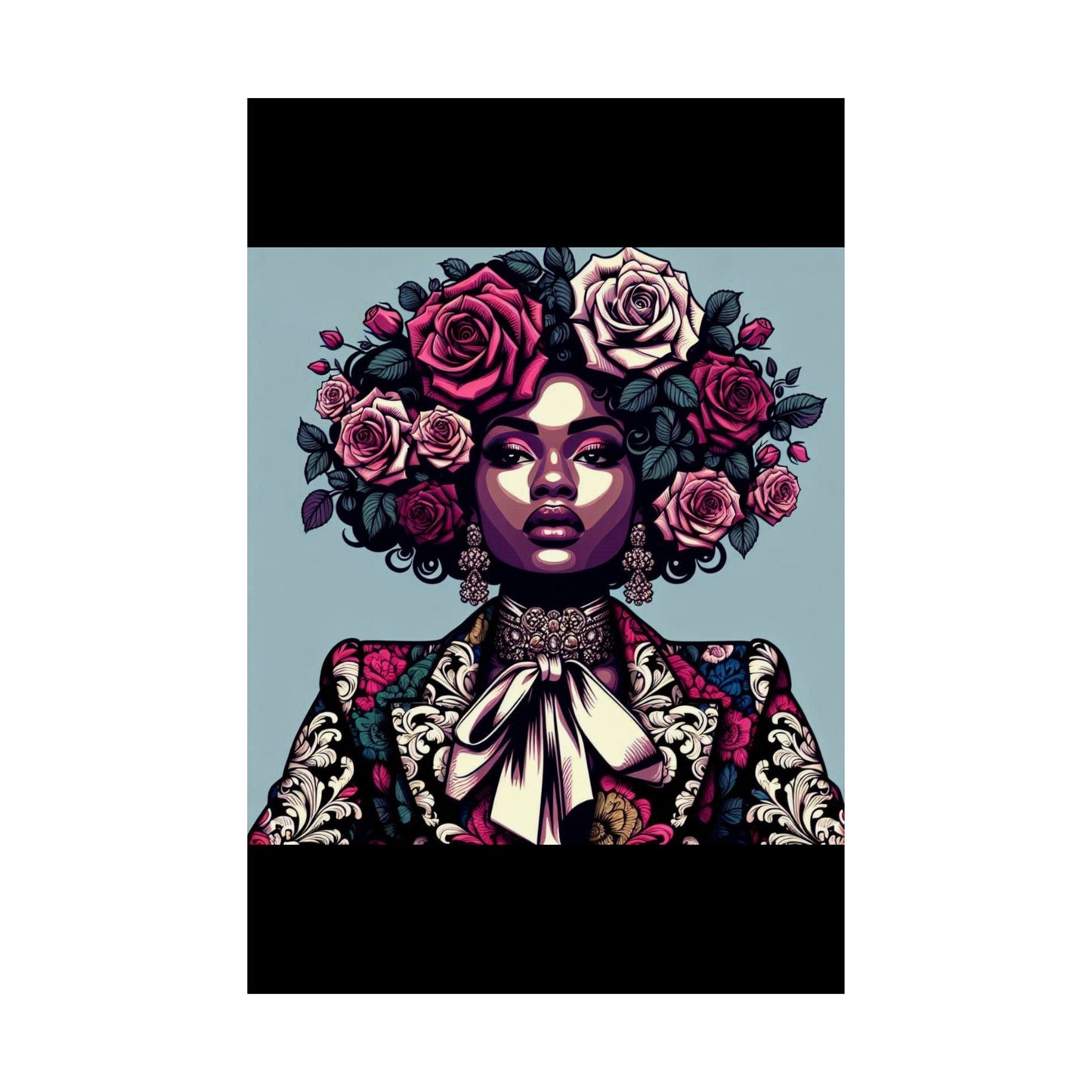 Floral Afro Art Poster - Elegant Matte Vertical Wall Decor - Lady In Damask Suit & Roses