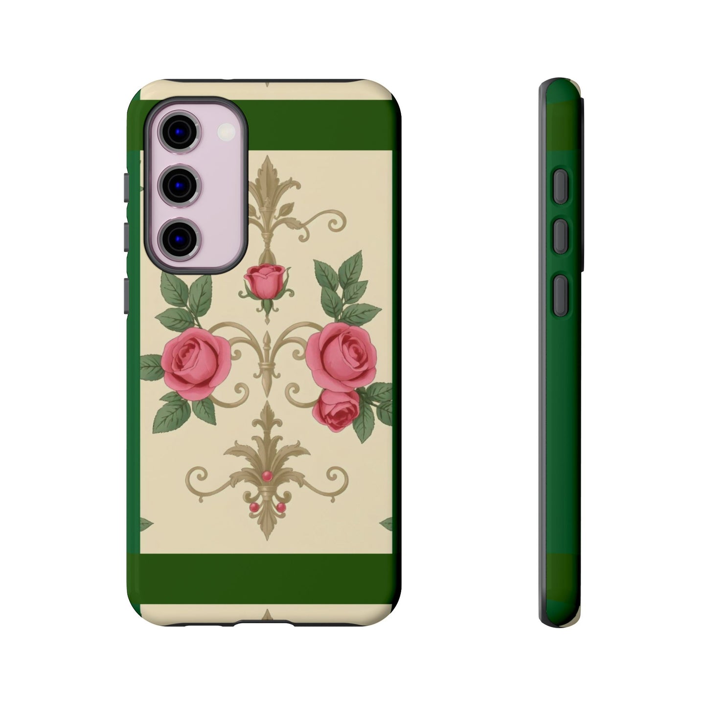 Elegant Floral Motif Phone Case - Tough Cases with Vintage Design - Green Border Roses & Damask