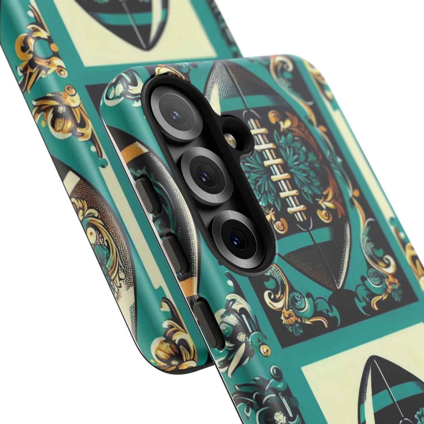 Elegant Floral Motif Phone Case - Tough Cases with Vintage Design -  Damask Teal, Gold & Black Footballs