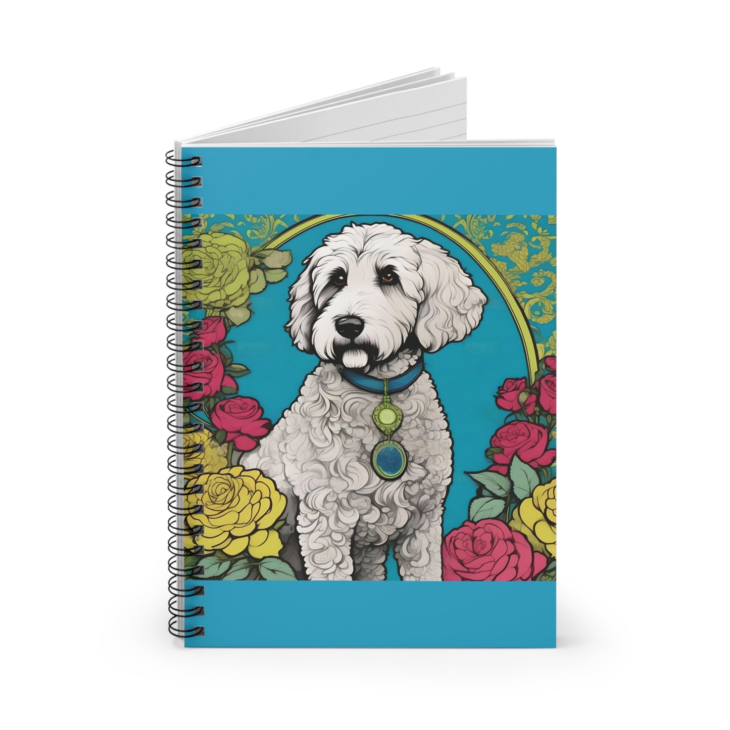 Elegant Vintage Spiral Notebook - Ruled Line with Golden Doodle In Turquoise & Roses
