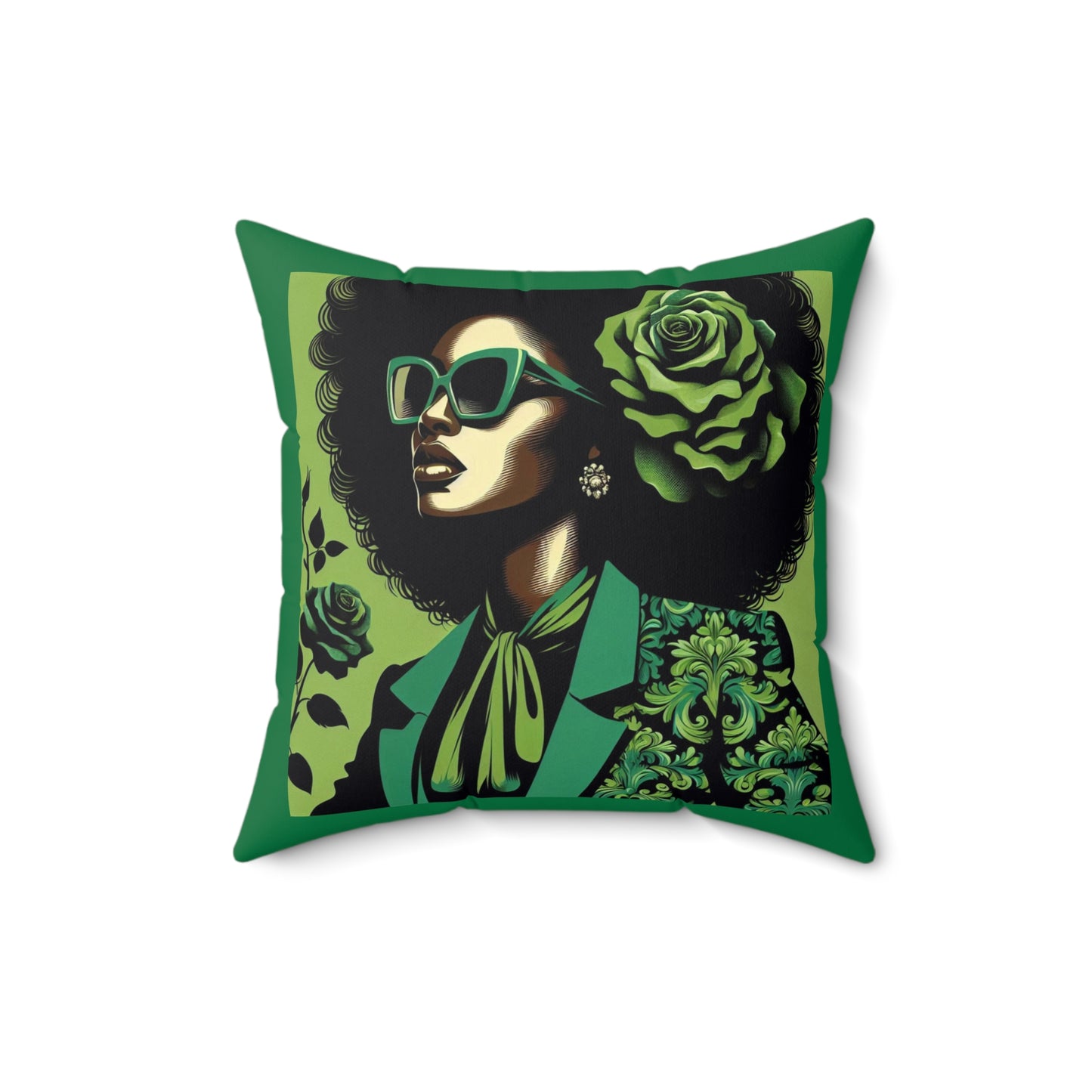 Chic Afrocentric Faux Suede Pillow, Stylish Home Decor, Gift for Her, African American Art, Damask Decor - Lady in Green Damask