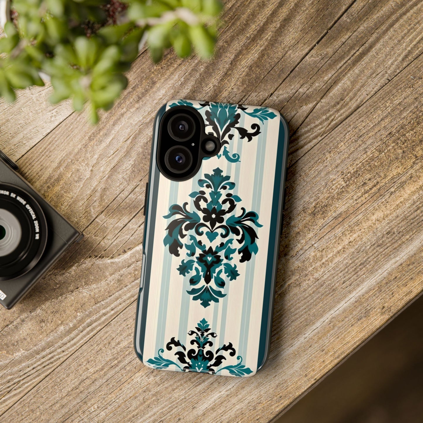 Elegant Floral Phone Case - Tough Cases with Vintage Design - Teal Striped Damask