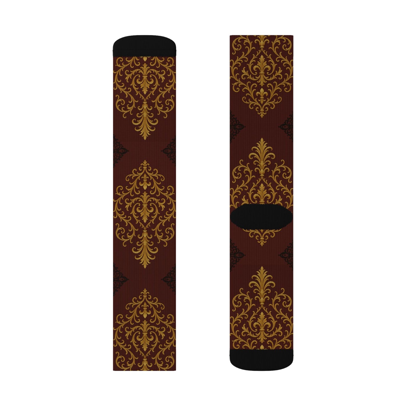 Dusk Burgundy-Black & Gold Baroque Sublimation Socks — Vintage Baroque Patterned Crew Socks