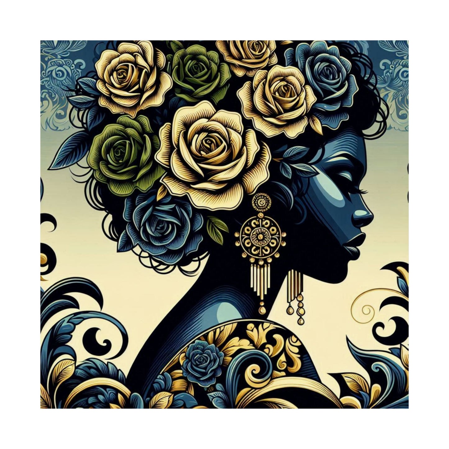 Floral Afro Art Poster - Elegant Matte Vertical Wall Decor - Midnight Blue Lady With Damask & Roses