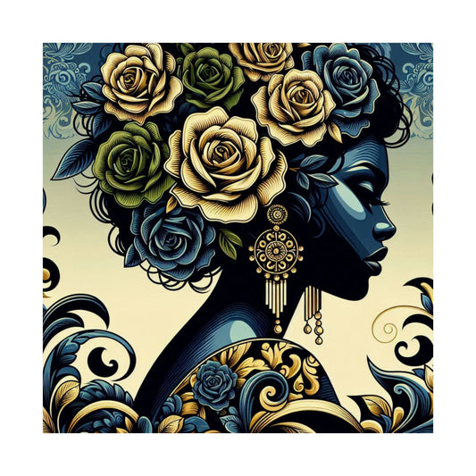 Floral Afro Art Poster - Elegant Matte Vertical Wall Decor - Midnight Blue Lady With Damask & Roses