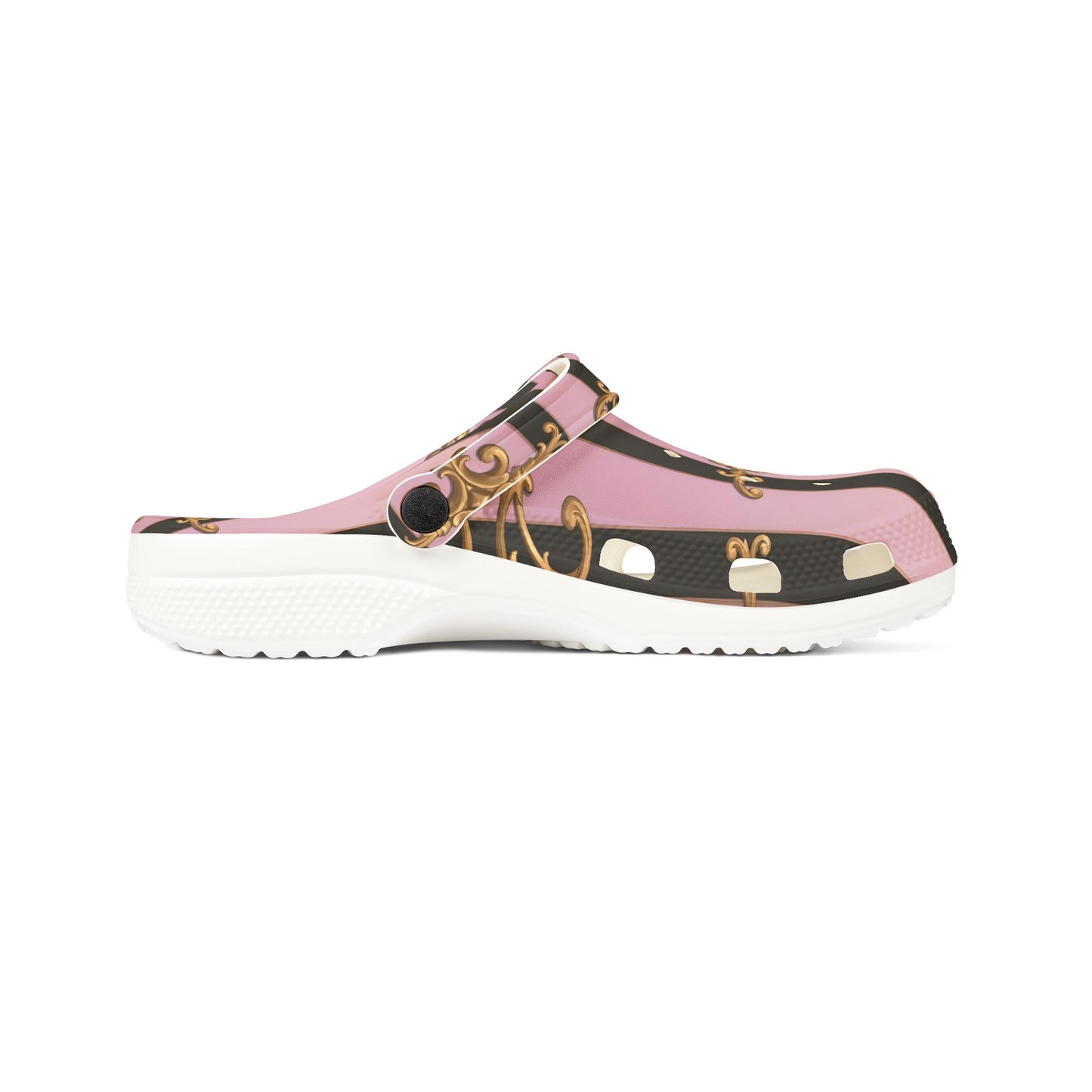 Chic Patterned EVA Foam Clogs, Stylish Garden Shoes, Fun Slip-On Footwear, Trendy Indoor - Matte Lavender & Black Striped Gold Baroque