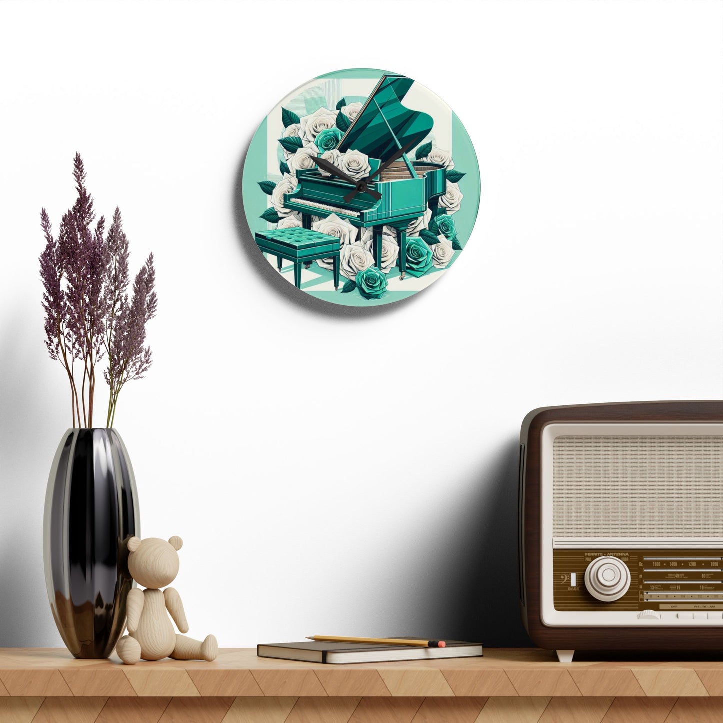 Elegant Aqua Piano and Roses Acrylic Wall Clock - Perfect Gift for Music Lovers