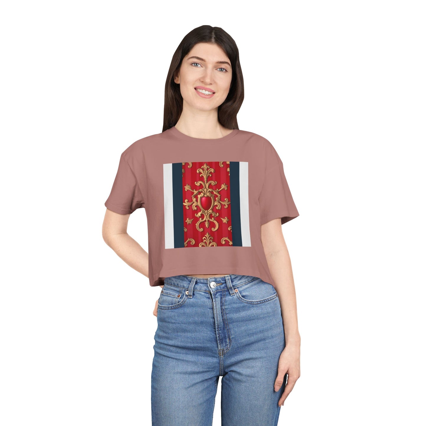 Women's Vintage Floral Crop Tee, Casual Summer Top, Bohemian Fashion, Trendy T-Shirt, Vacation Outfit - Blue, Red & White Striped Baroque