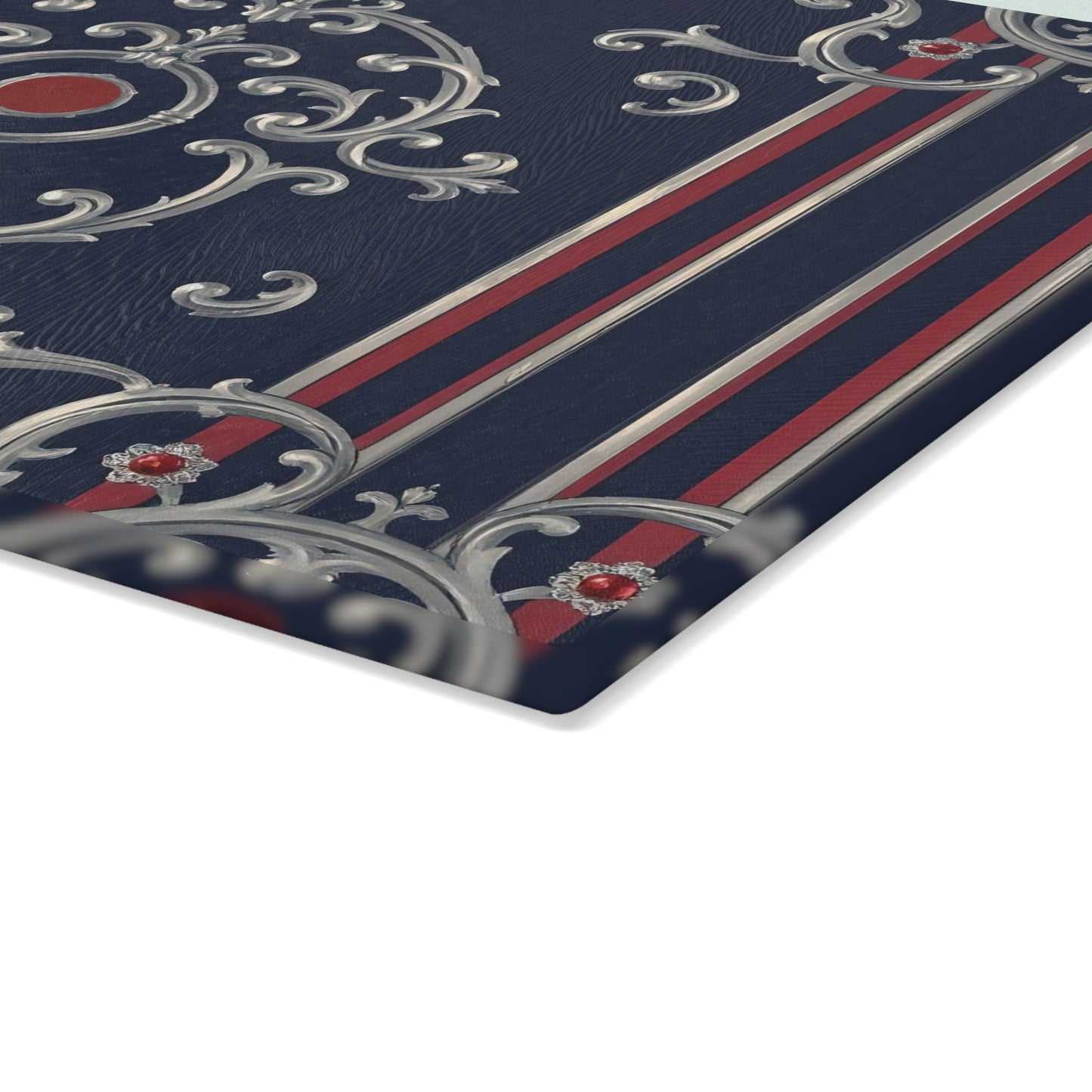 Elegant Glass Cutting Board, Decorative Kitchen Art, Housewarming Gift, Unique Kitchen Decor, Serving Tray - Blue & Red Striped Silver Baroque